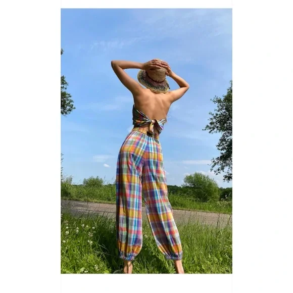 Free People Ticket To Paradise Multicolor Plaid Balloon Beach Pants - Picture 1 of 14